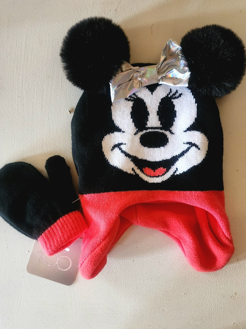 Disney Black and Red Minnie Mouse Pom-Pom Hat with Matching Mittens